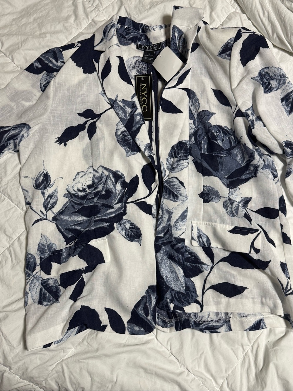 NYCC Floral White and Navy Linen Blazer Jacket